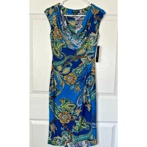 Lauren Ralph Lauren Dress Womens 2 NWT Blue Paisley Cowl Neck Ruched Sheath